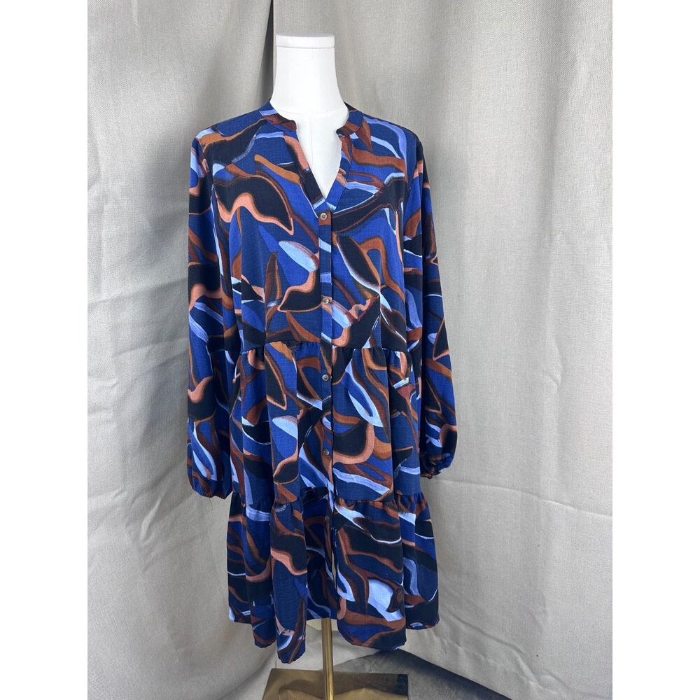 Nine West Blue Abstract Print Tiered Dress Size L